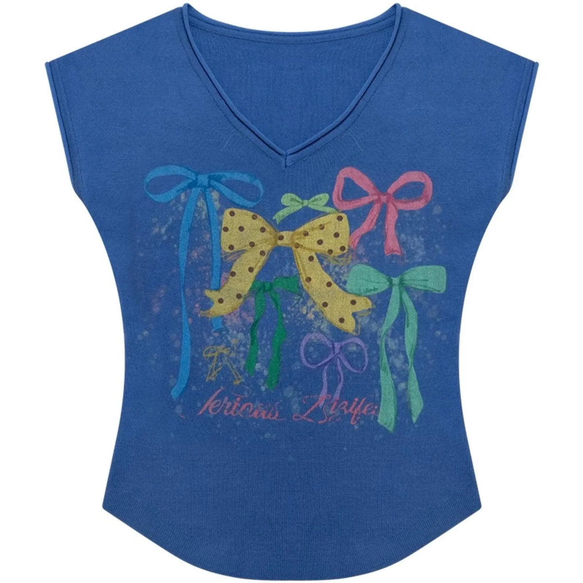 Bow Print V-Neck Short Sleeve T-Shirt