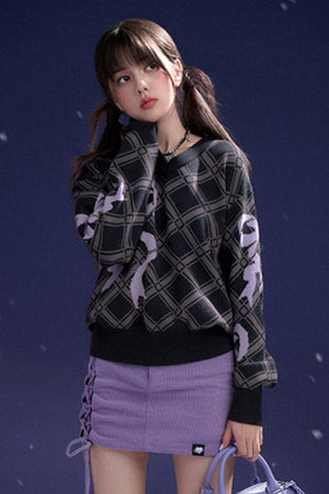 Bow Printed V-Neck Check Sweater