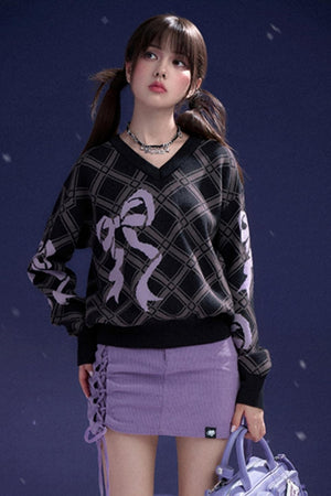 Bow Printed V-Neck Check Sweater
