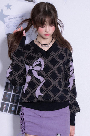 Bow Printed V-Neck Check Sweater