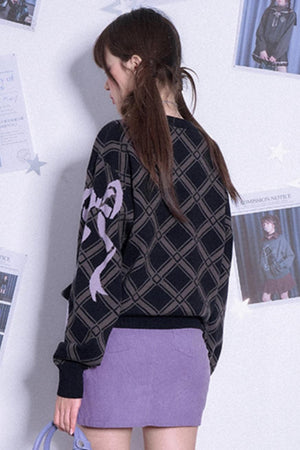 Bow Printed V-Neck Check Sweater