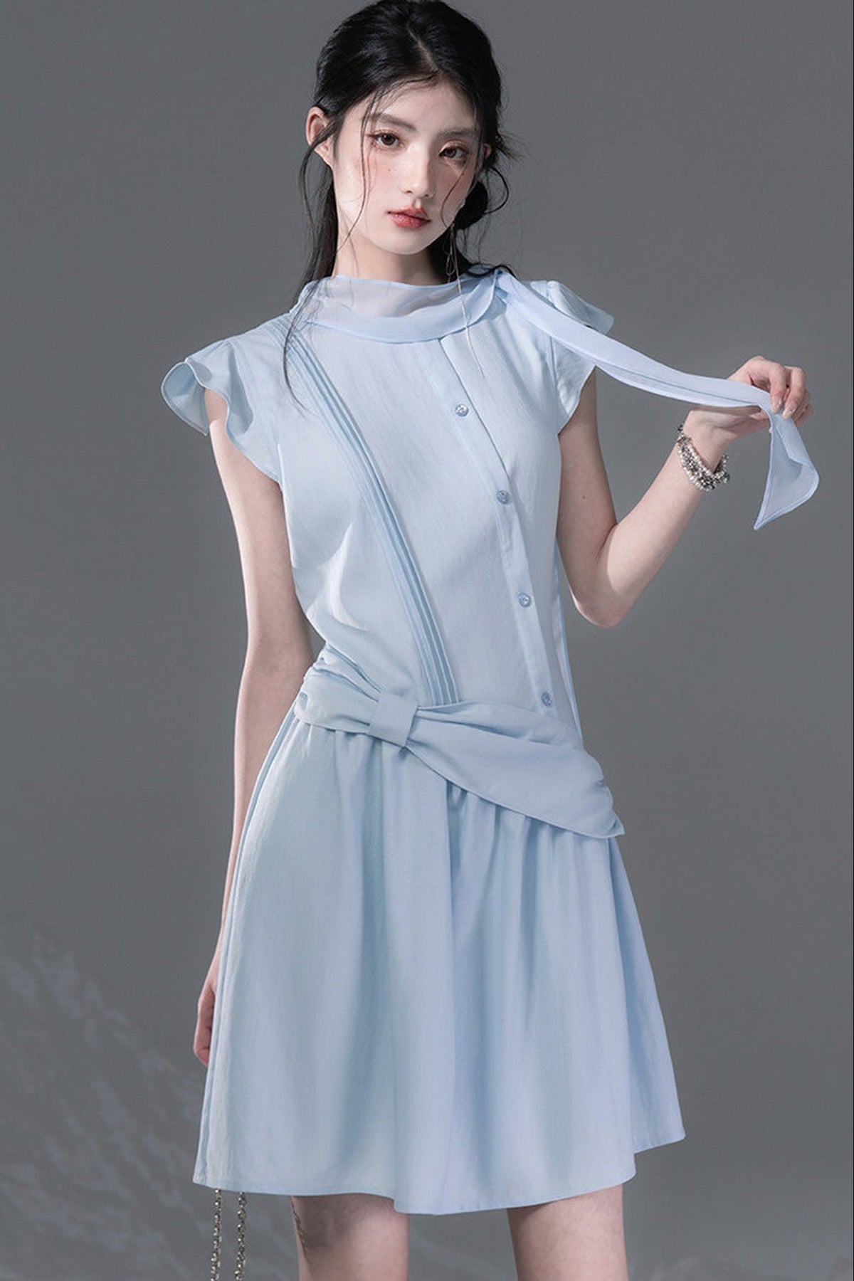 Bow Tie Diagonal Placket Ribbon Dress