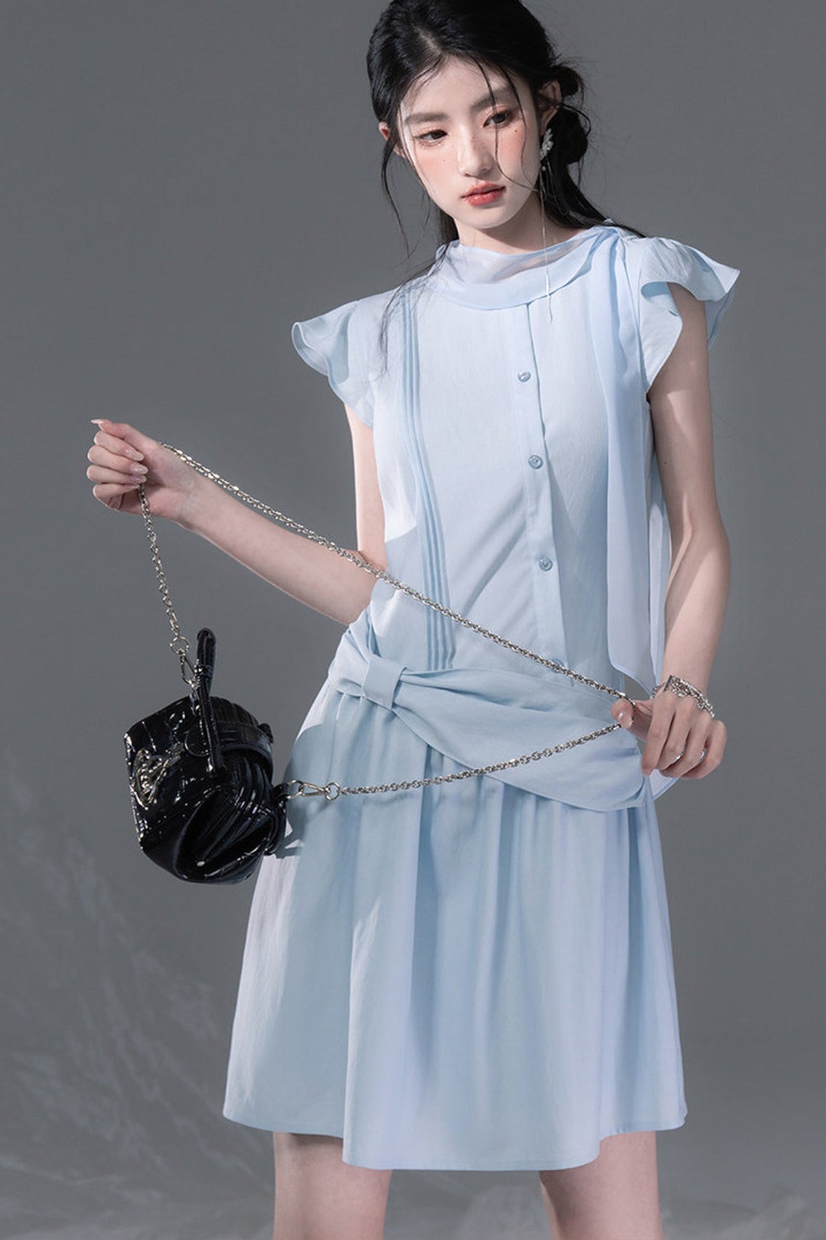 Bow Tie Diagonal Placket Ribbon Dress