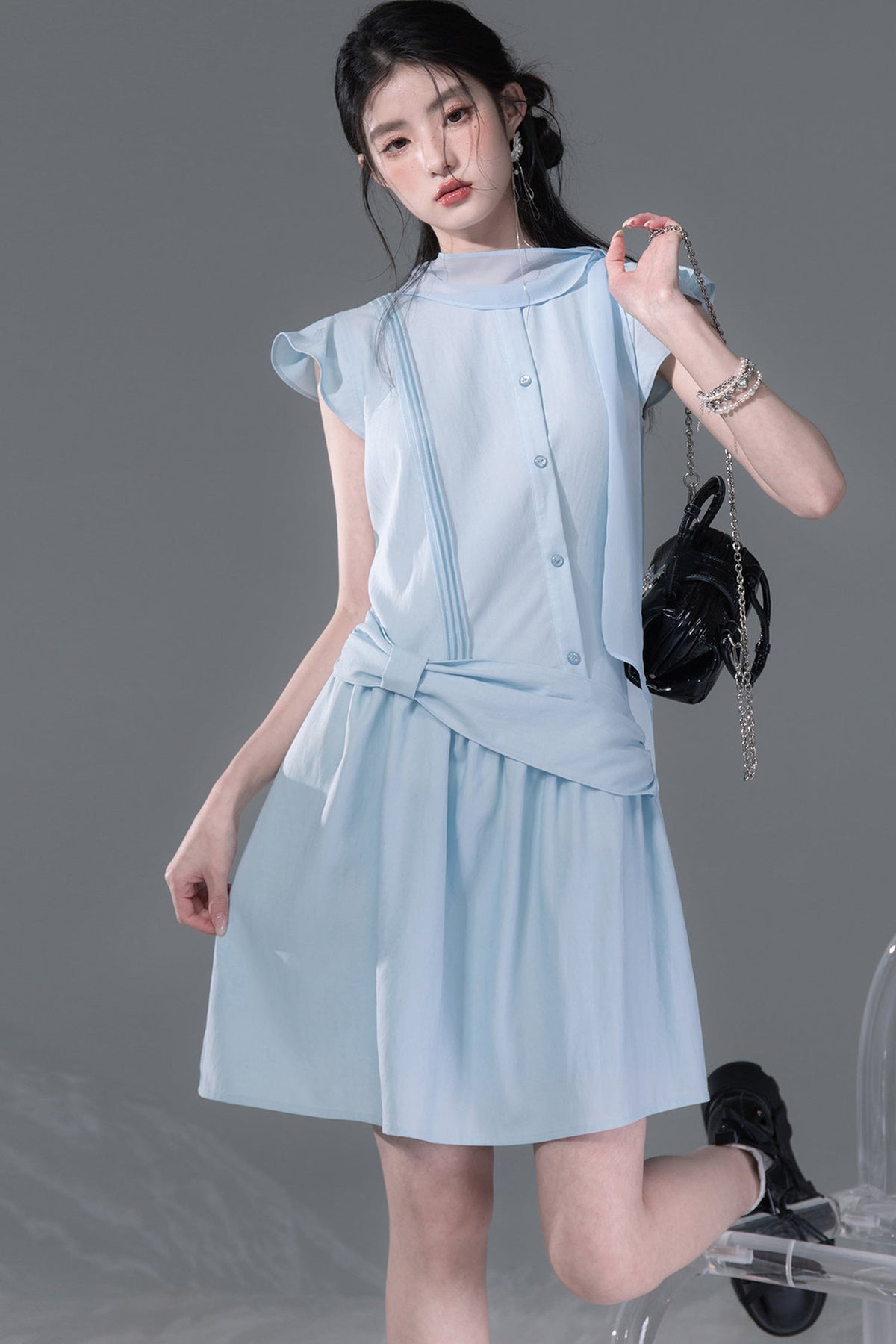 Bow Tie Diagonal Placket Ribbon Dress