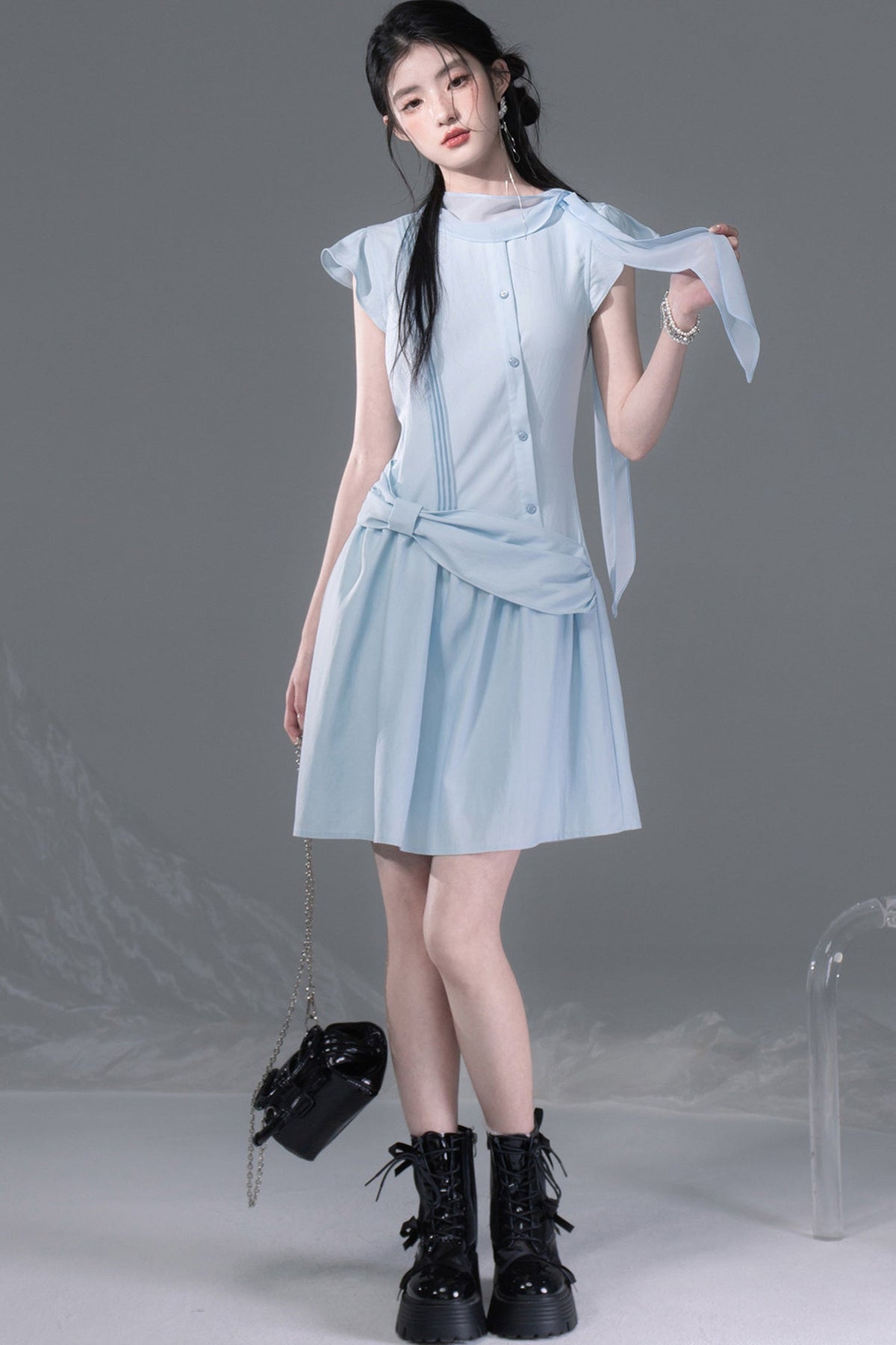 Bow Tie Diagonal Placket Ribbon Dress
