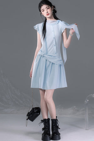 Bow Tie Diagonal Placket Ribbon Dress