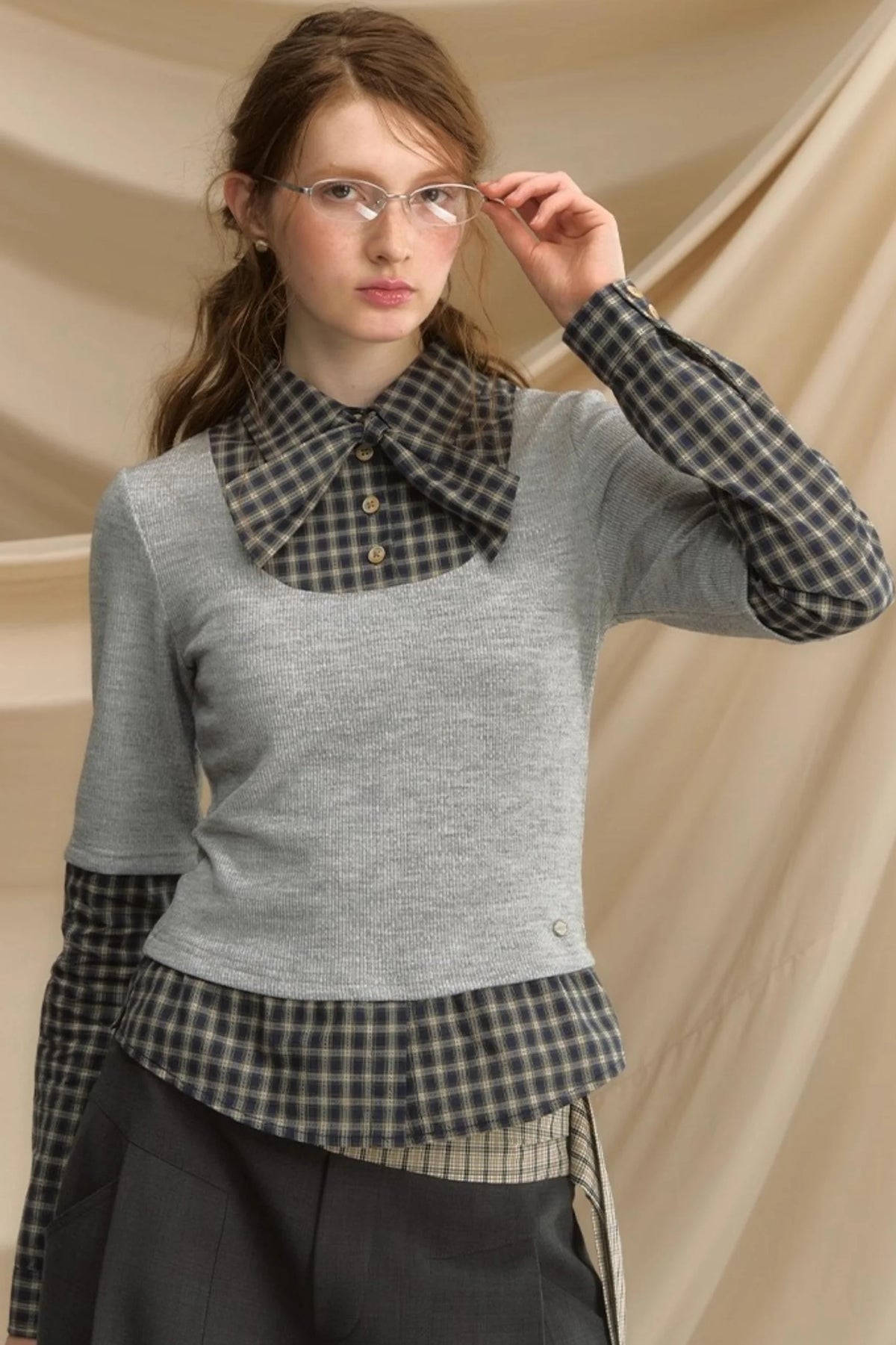 Bow Tie Plaid Slim Shirt