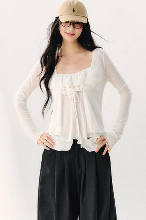 Bow Tie Sheer Cardigan And Camisole Set-Up