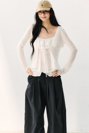 Bow Tie Sheer Cardigan And Camisole Set-Up