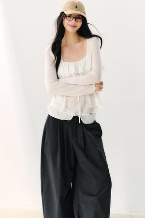 Bow Tie Sheer Cardigan And Camisole Set-Up