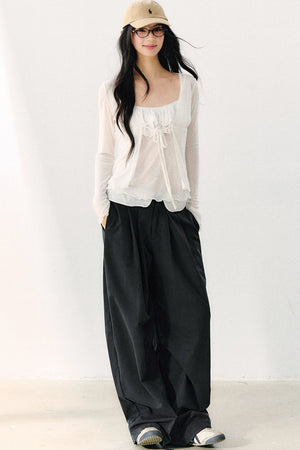 Bow Tie Sheer Cardigan And Camisole Set-Up