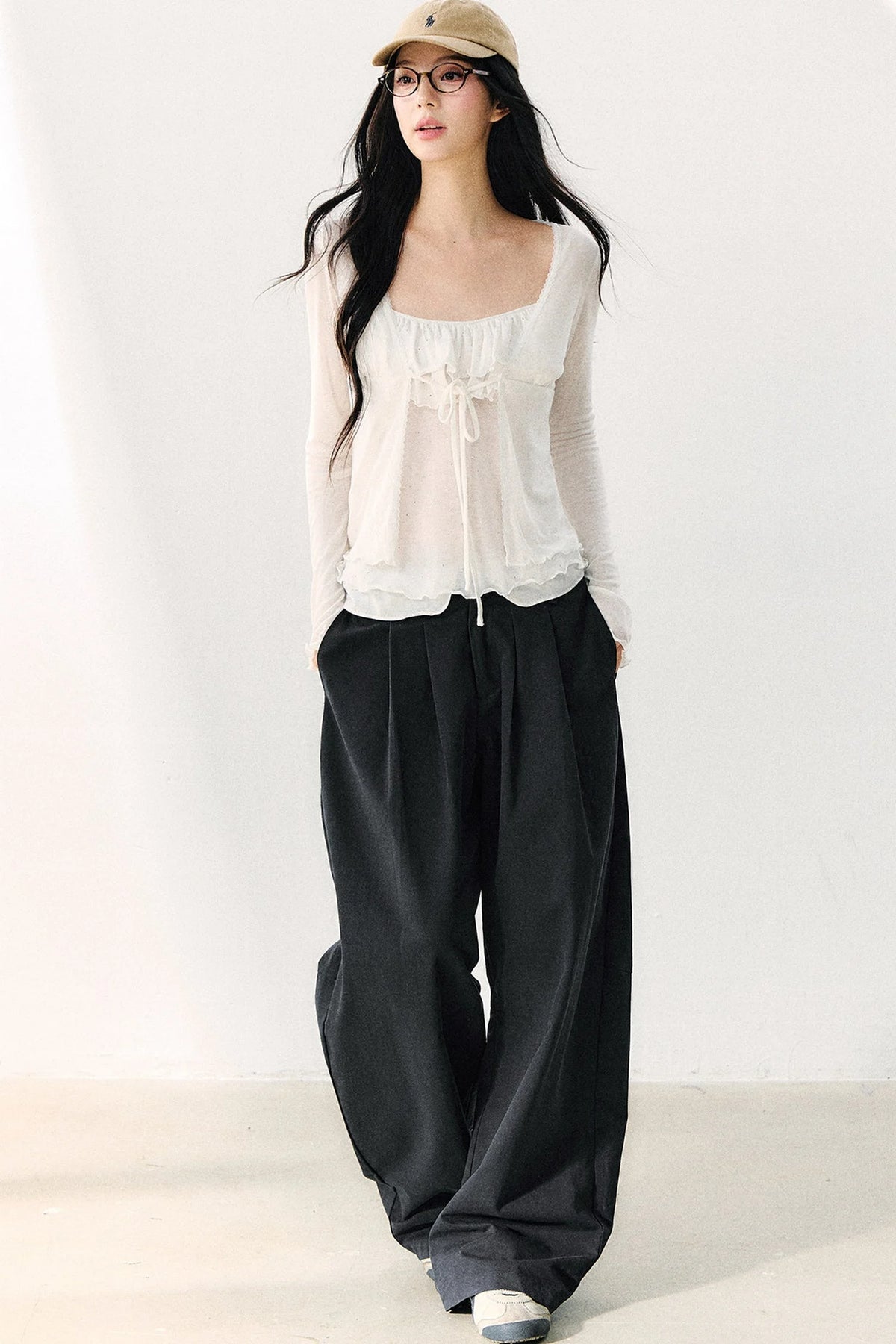 Bow Tie Sheer Cardigan And Camisole Set-Up