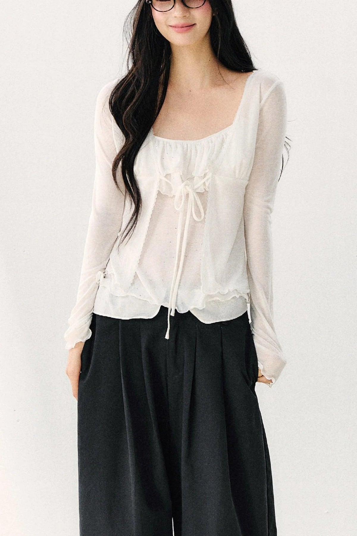 Bow Tie Sheer Cardigan And Camisole Set-Up