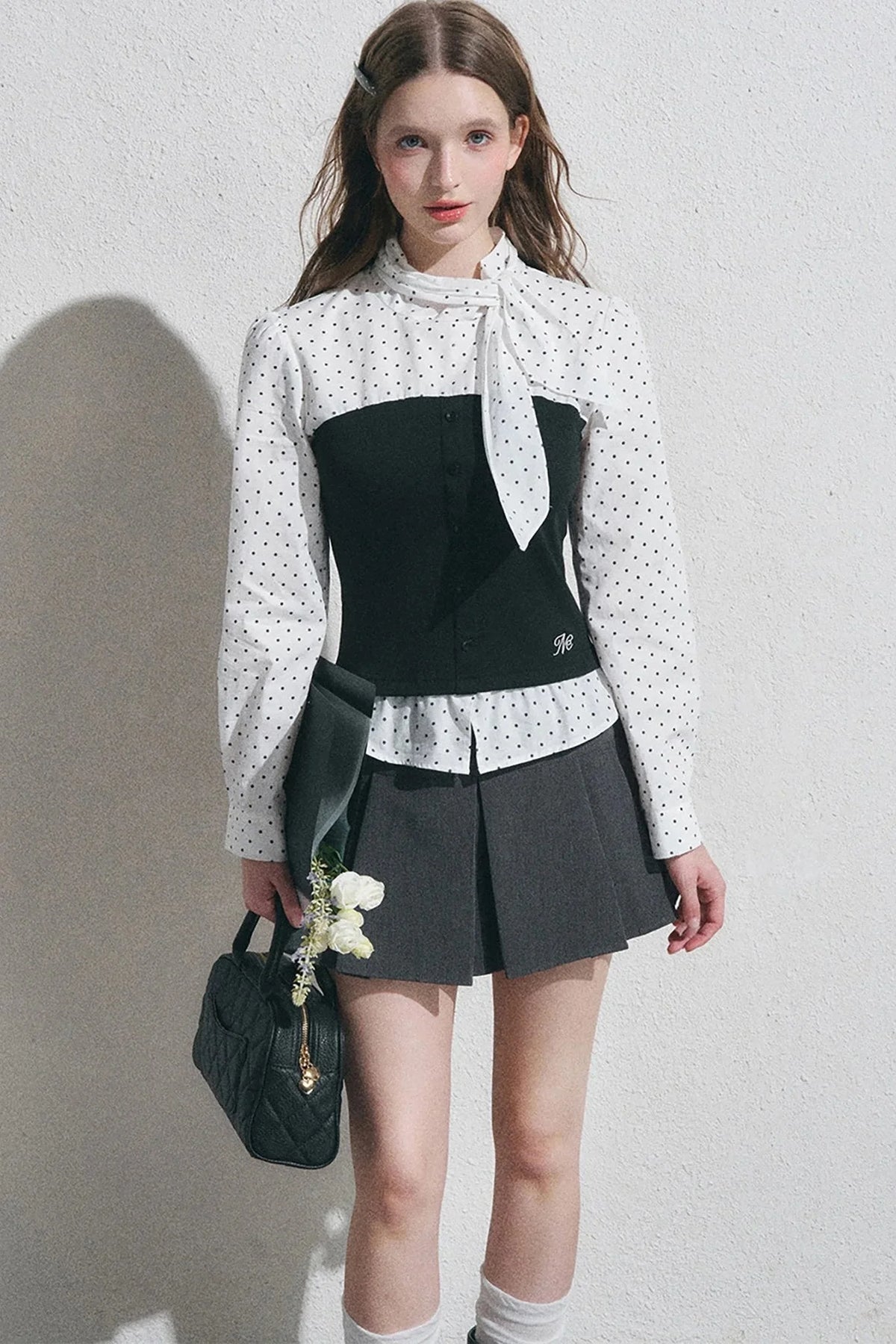 Bow Tie Spliced Shirt and Pleated Mini Skirt Set-Up