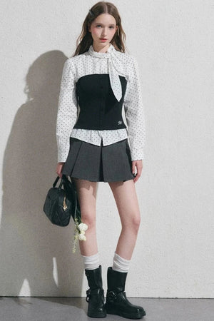 Bow Tie Spliced Shirt and Pleated Mini Skirt Set-Up