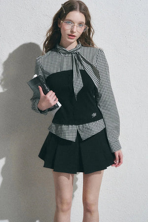Bow Tie Spliced Shirt and Pleated Mini Skirt Set-Up