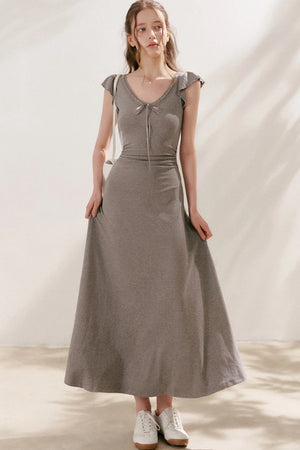 Bow Tie V-Neck Flutter Sleeve Maxi Dress