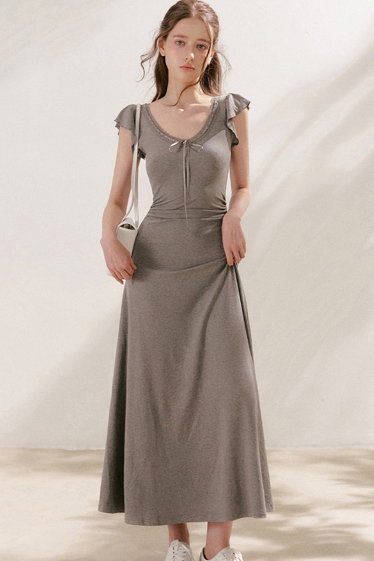 Bow Tie V-Neck Flutter Sleeve Maxi Dress