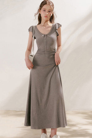 Bow Tie V-Neck Flutter Sleeve Maxi Dress