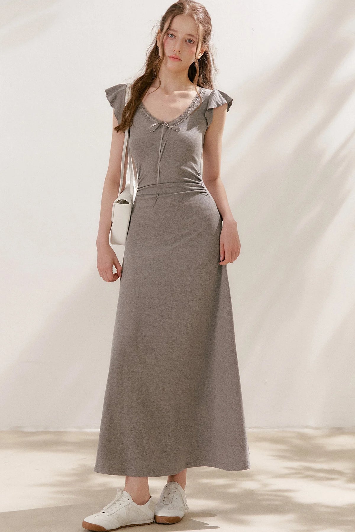 Bow Tie V-Neck Flutter Sleeve Maxi Dress