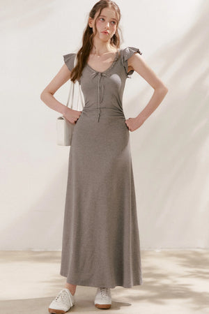 Bow Tie V-Neck Flutter Sleeve Maxi Dress