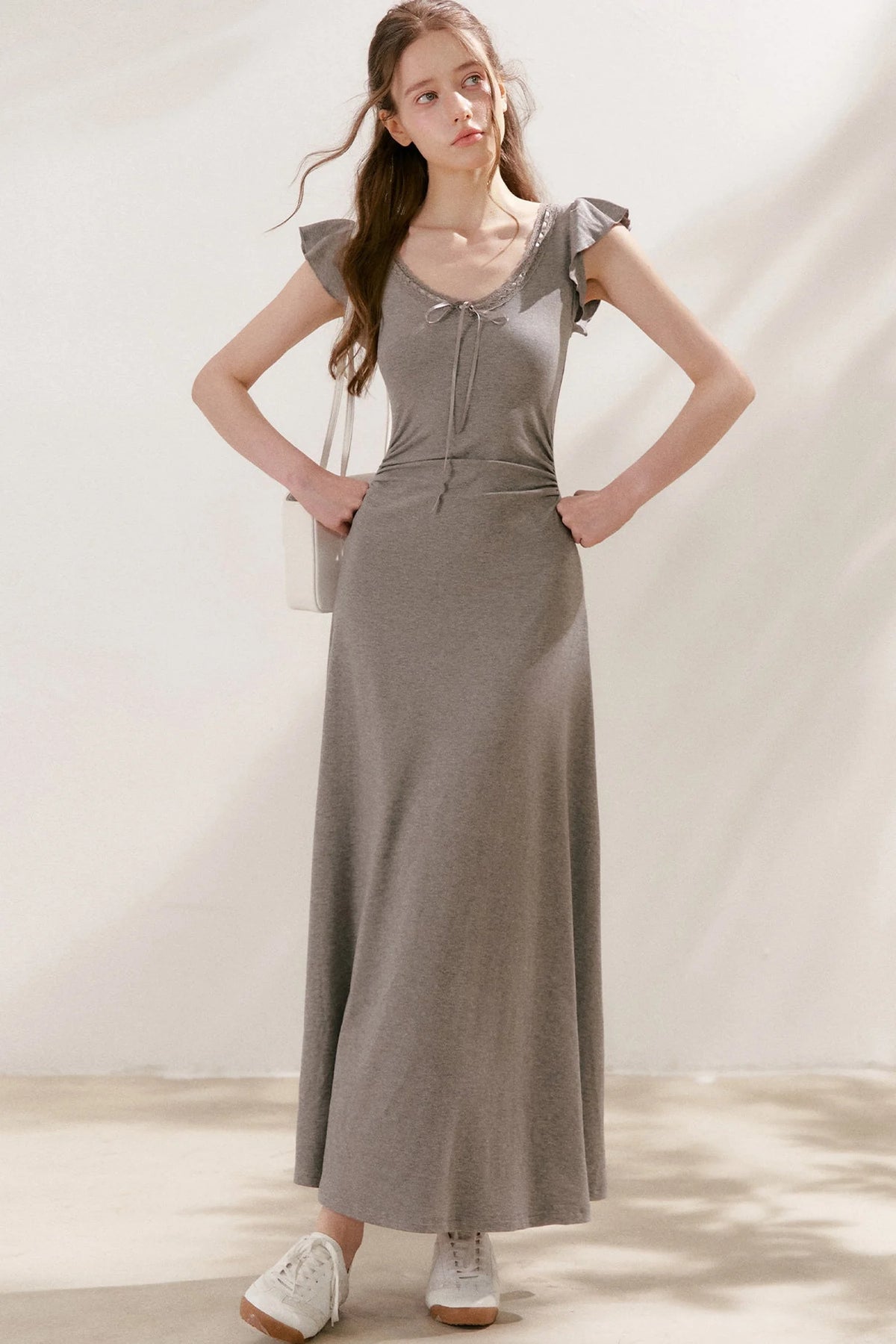 Bow Tie V-Neck Flutter Sleeve Maxi Dress