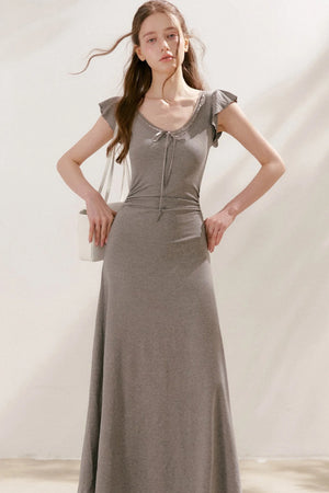 Bow Tie V-Neck Flutter Sleeve Maxi Dress