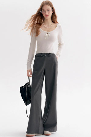 Bow Wavy Lace U-Neck Slim Top