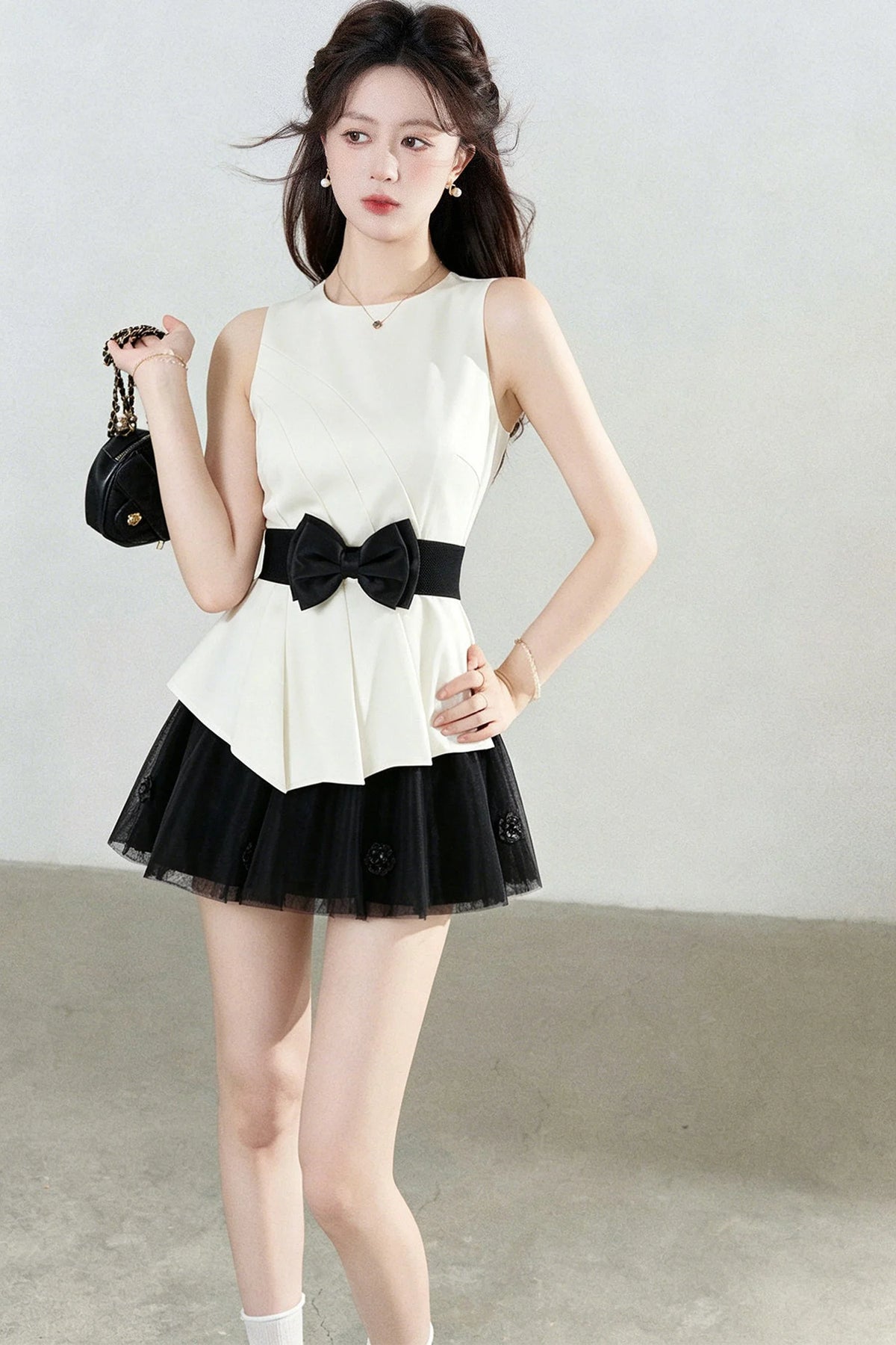 Bowknot Peplum Top and Tulle Skirt Set-Up