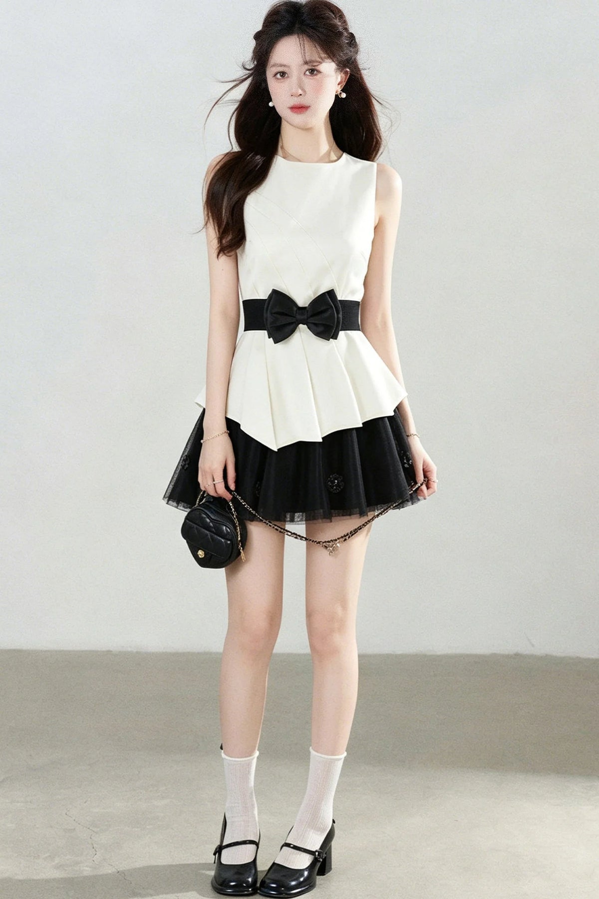 Bowknot Peplum Top and Tulle Skirt Set-Up