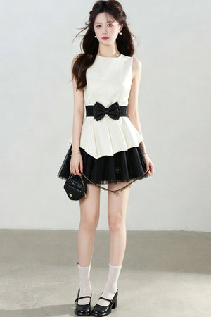 Bowknot Peplum Top and Tulle Skirt Set-Up