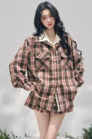 British Cafe Plaid Shirt and Short Skirt Set-Up