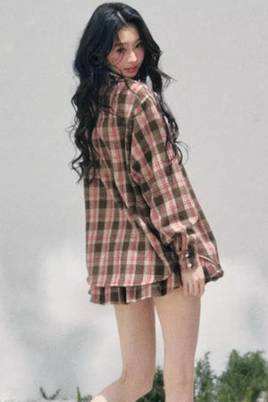 British Cafe Plaid Shirt and Short Skirt Set-Up