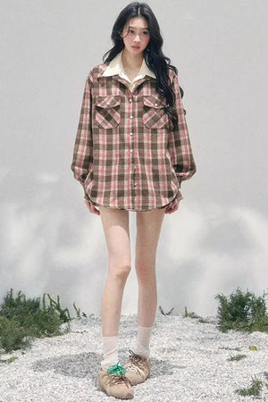 British Cafe Plaid Shirt and Short Skirt Set-Up