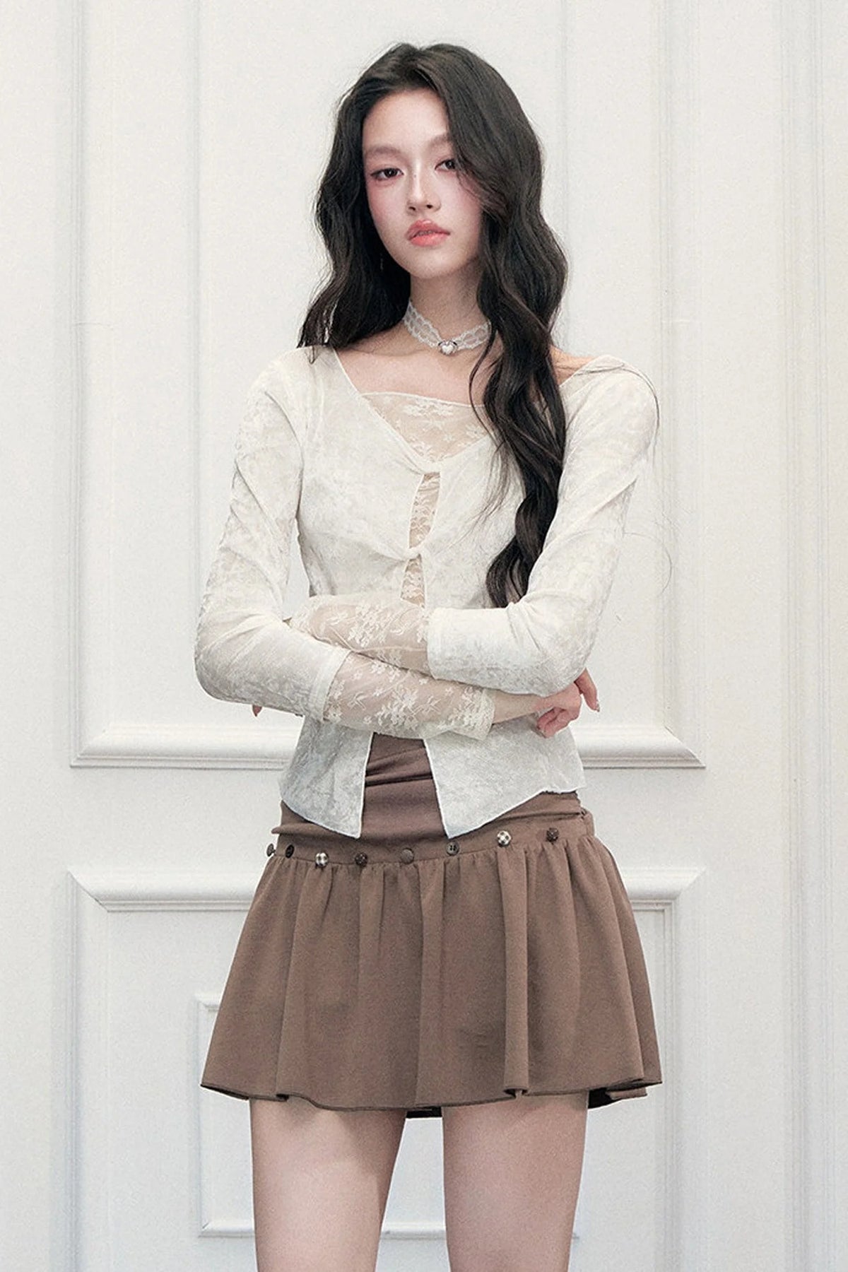 Brown Button High-Waisted A-Line Skirt