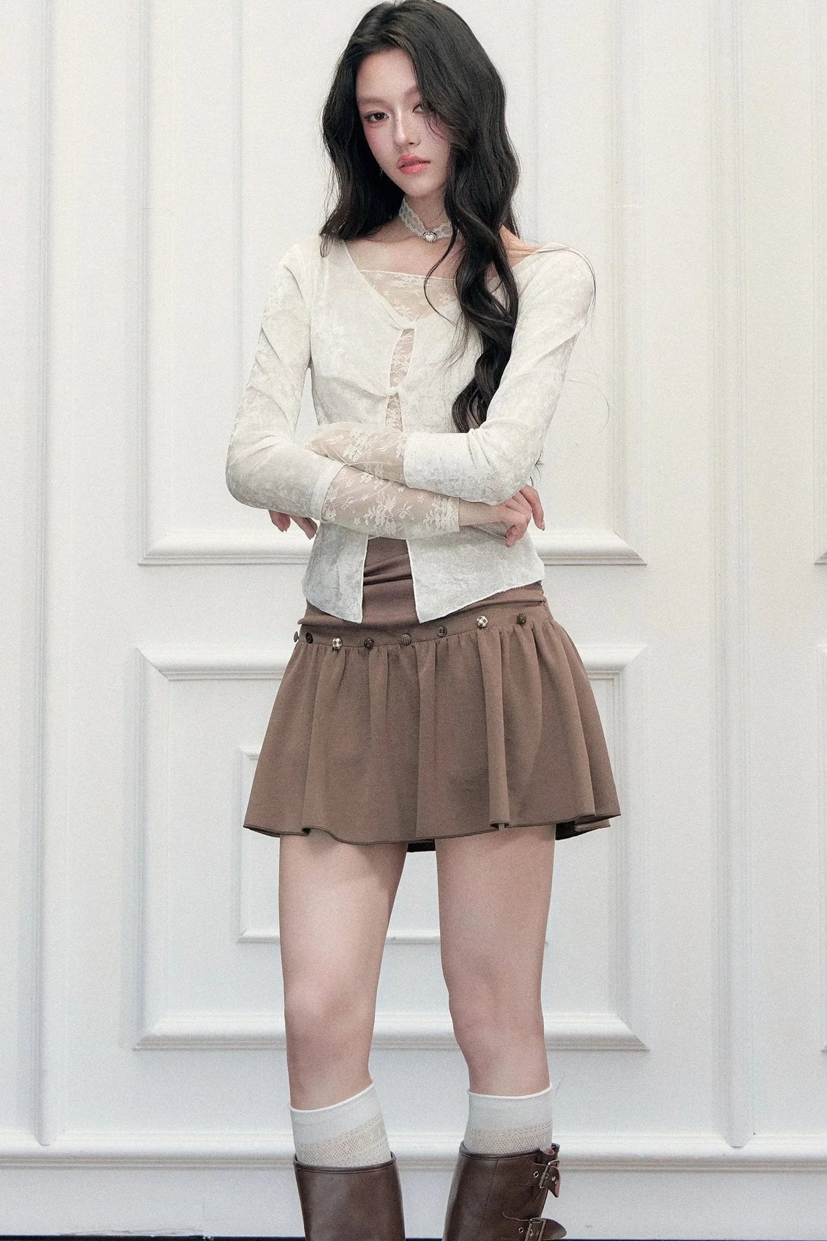 Brown Button High-Waisted A-Line Skirt