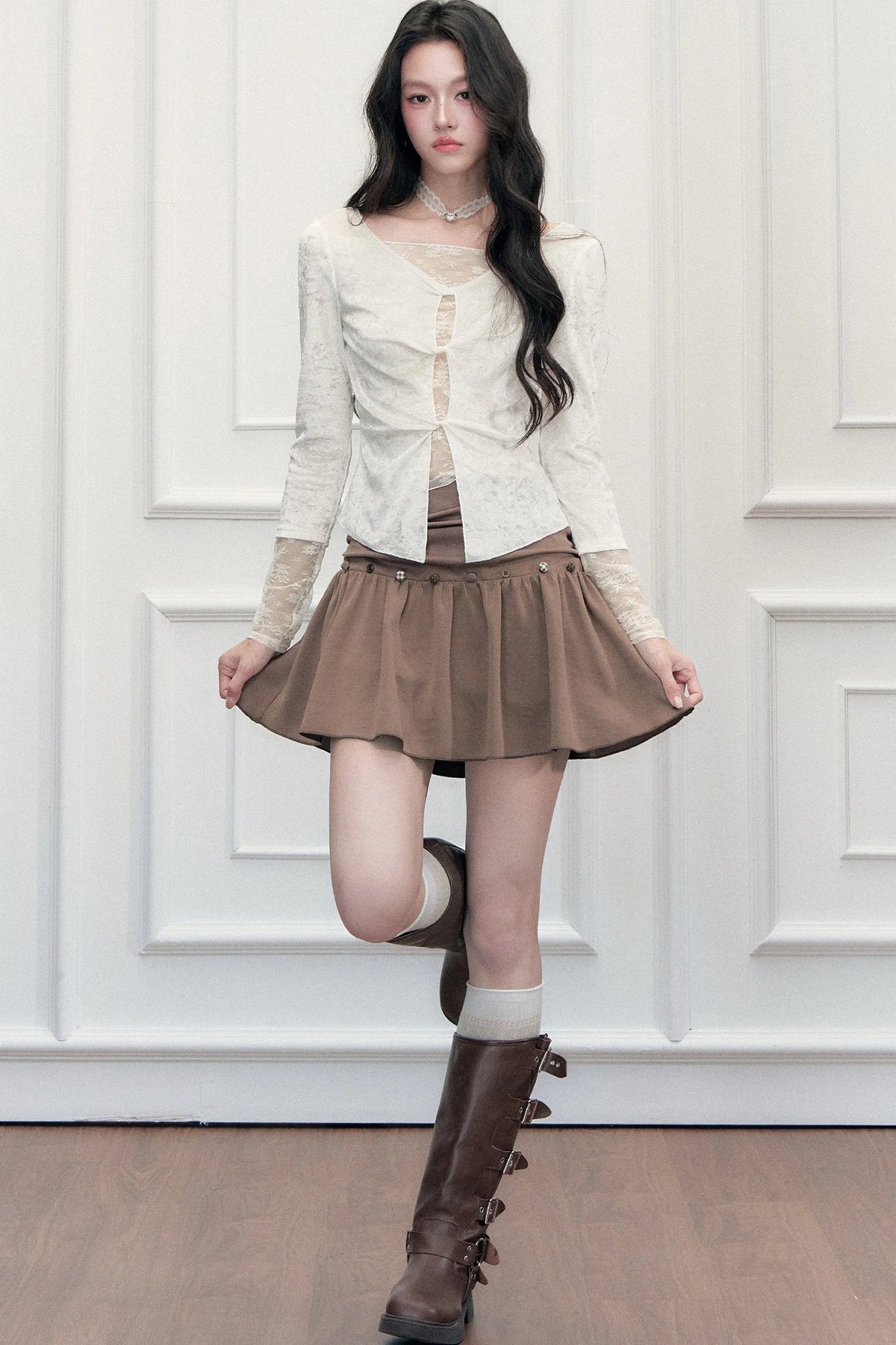 Brown Button High-Waisted A-Line Skirt