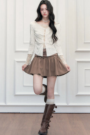 Brown Button High-Waisted A-Line Skirt