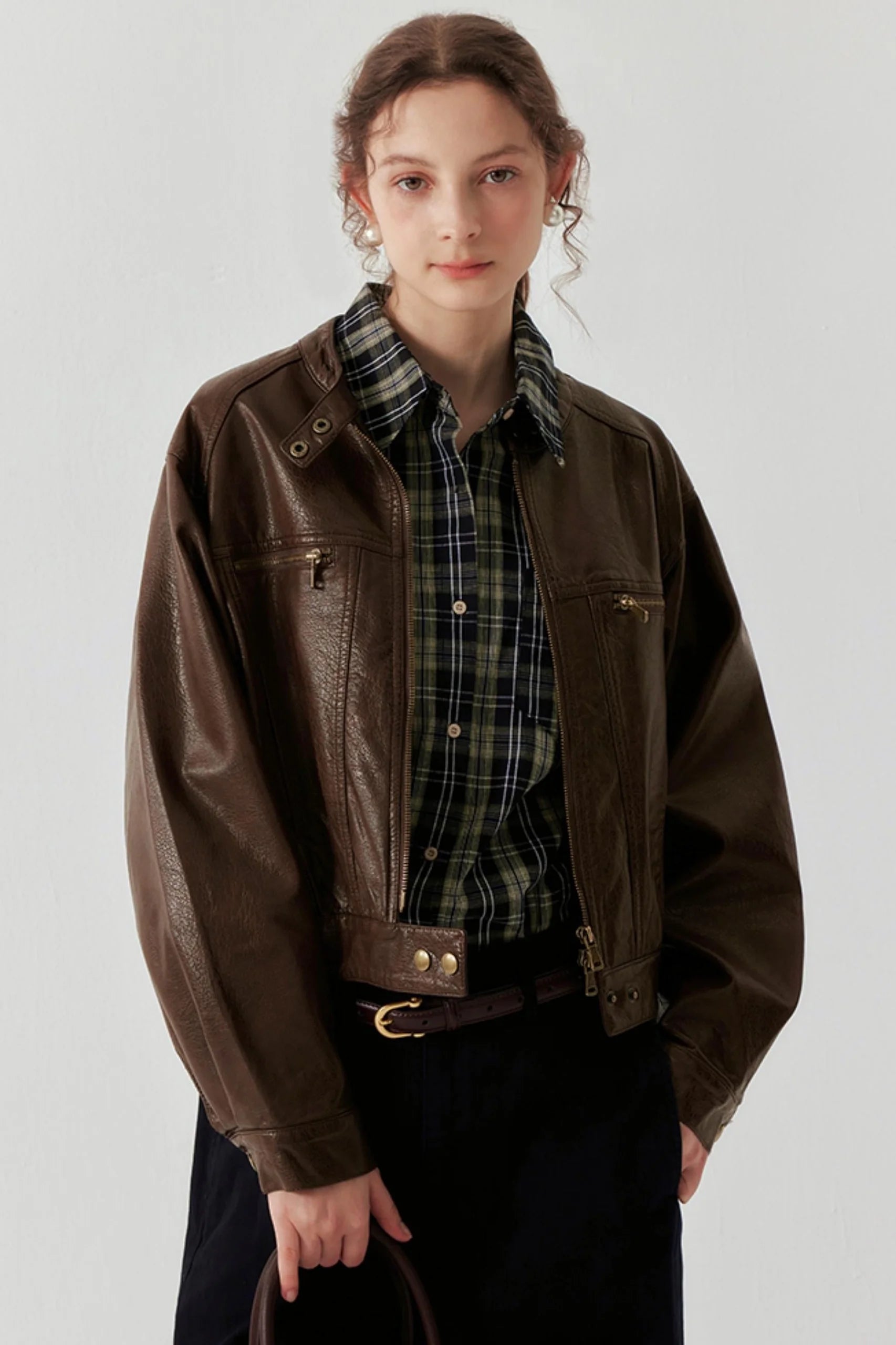 Brown Button-Up Short Leather Jacket