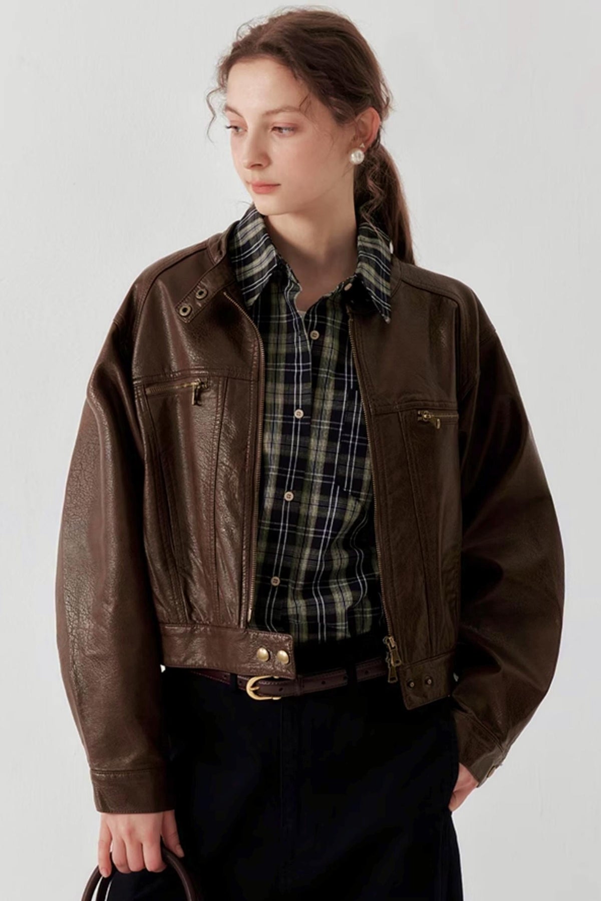 Brown Button-Up Short Leather Jacket