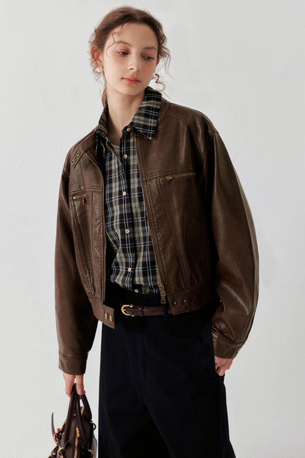 Brown Button-Up Short Leather Jacket