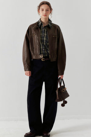 Brown Button-Up Short Leather Jacket