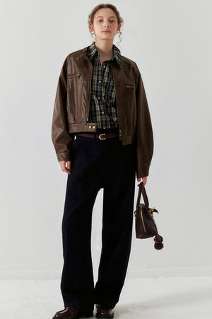 Brown Button-Up Short Leather Jacket