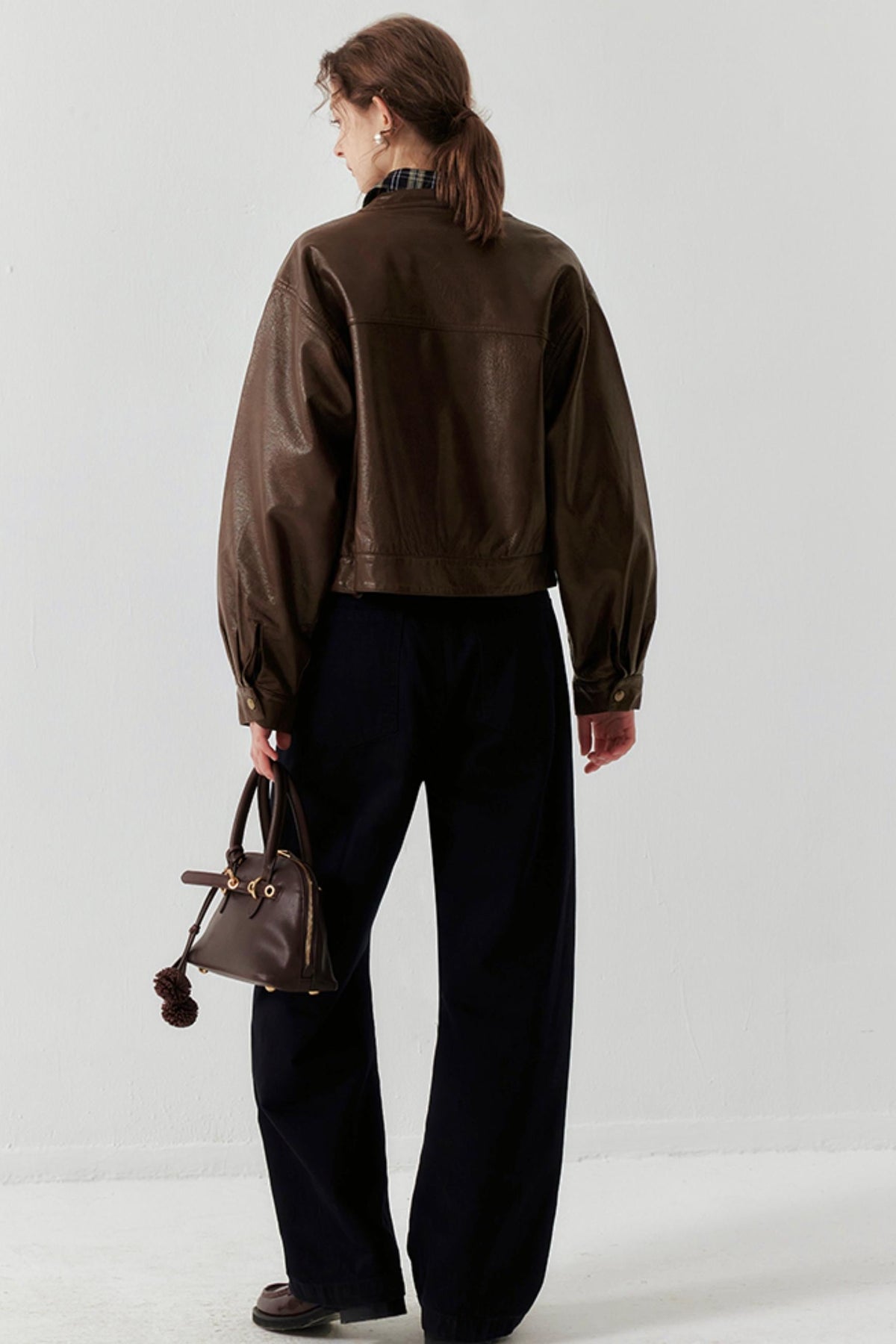 Brown Button-Up Short Leather Jacket