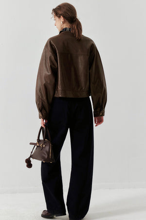 Brown Button-Up Short Leather Jacket