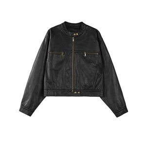 Brown Button-Up Short Leather Jacket