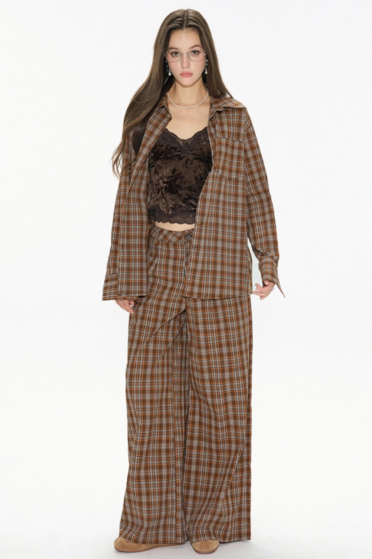 Brown Check Wide Leg Trousers Jacket Set-Up