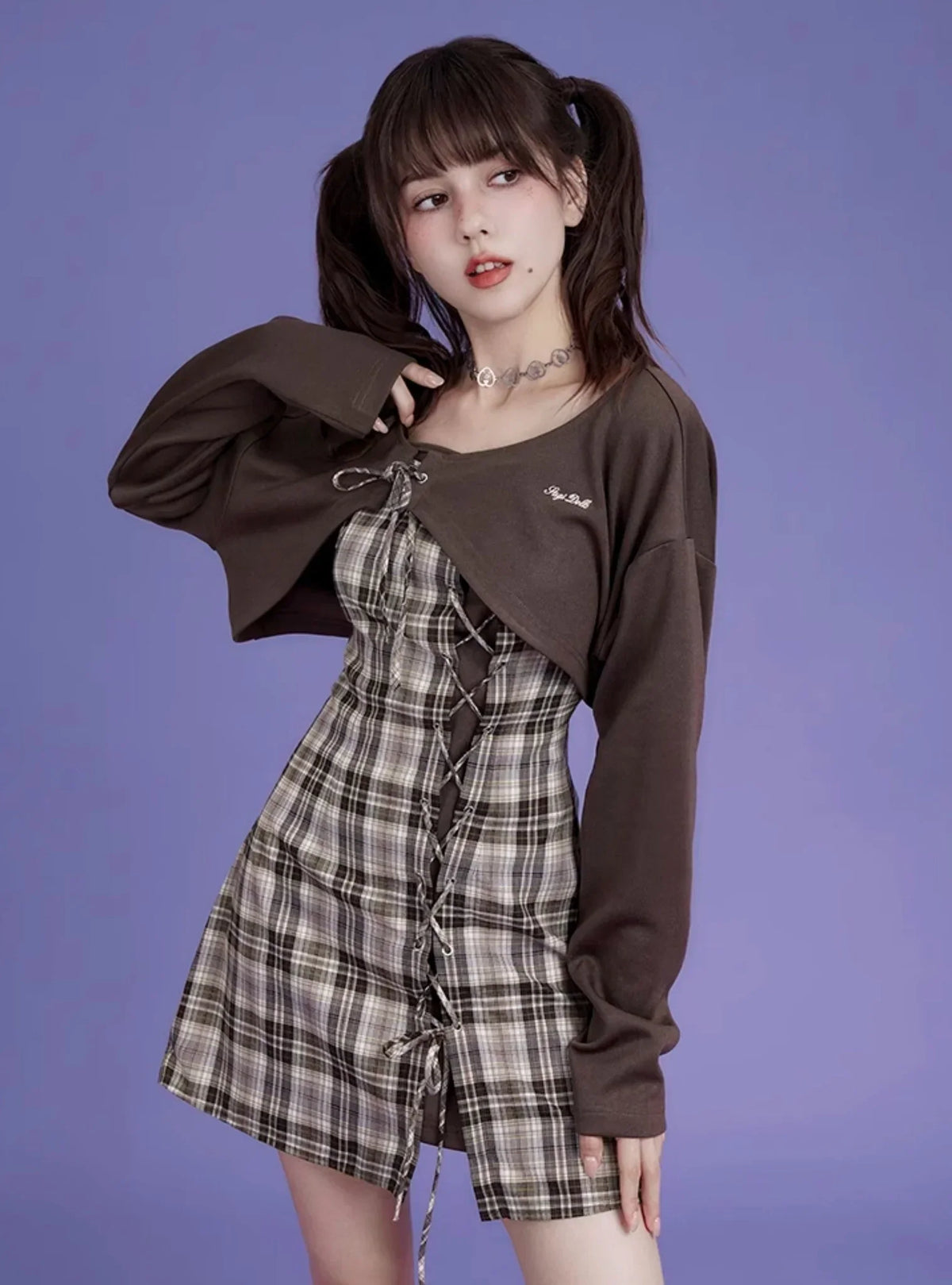 Brown checkered cardigan two-piece Set