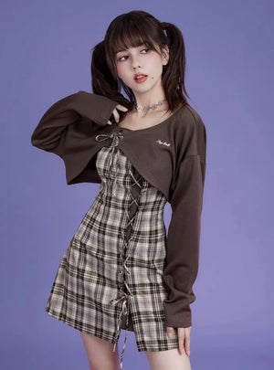 Brown checkered cardigan two-piece Set