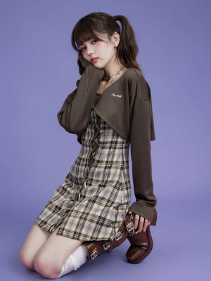 Brown checkered cardigan two-piece Set